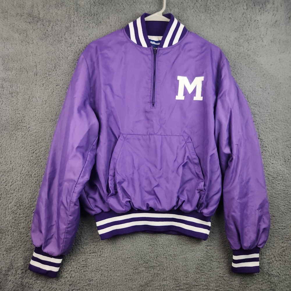 Vintage Holloway Satin Bomber Pullover Medium 1/4 Zip Jacket Purple White Pocket